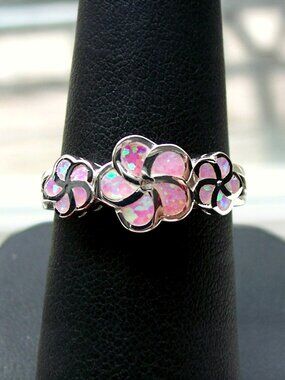 925 STERLING SILVER Lab Created Pink Fire Opal Plumeria Flower Ring